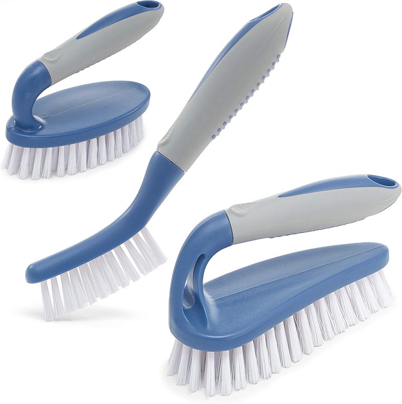 Trazon Scrub Brush Set of 3pcs - Cleaning Shower Scrubber with Ergonomic Handle and Durable Bristles - Grout Cleaner Brush - Scrub Brushes for Cleaning Bathroom/Shower/Tile/Kitchen/Floor/Bathtub/Carpet, Blue - Image 1